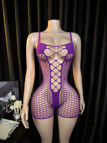 Fishnet Teddy Jumpsuit Mesh Camisole - Purple
