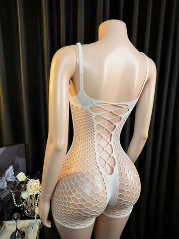Fishnet Teddy Jumpsuit Mesh Top - White