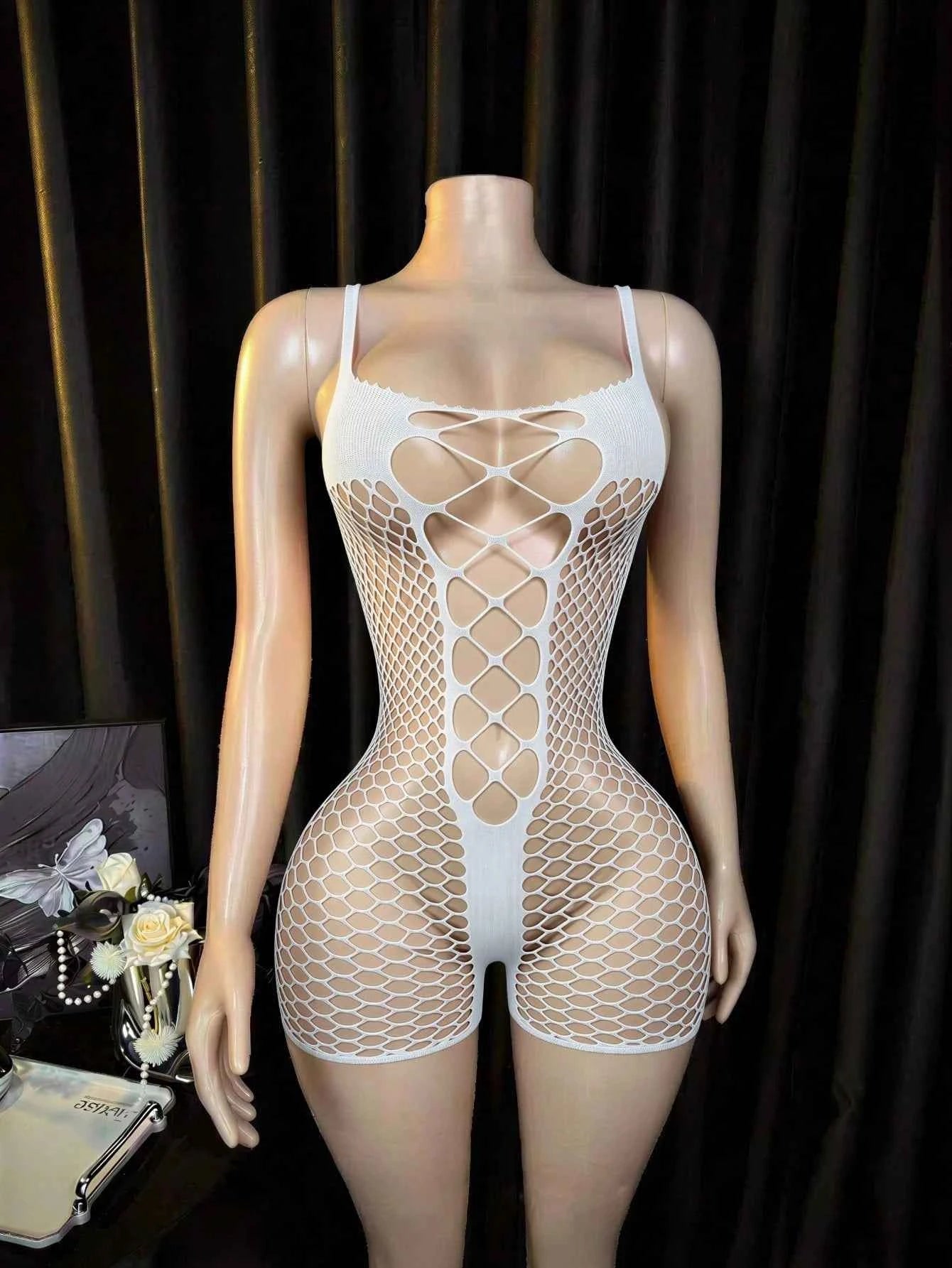 Fishnet Teddy Jumpsuit Mesh Top - White