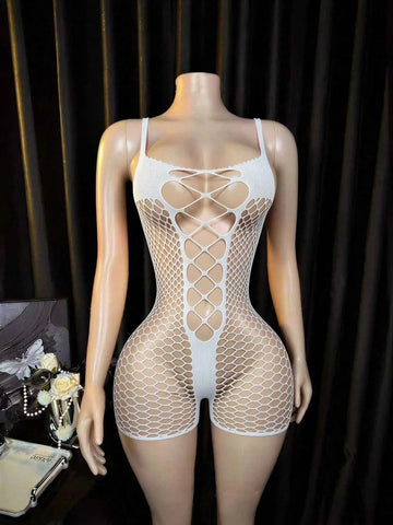 Fishnet Teddy Jumpsuit Mesh Top - White