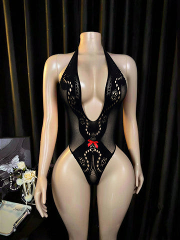 Lace Floral Camisole Jumpsuit Stocking - Black