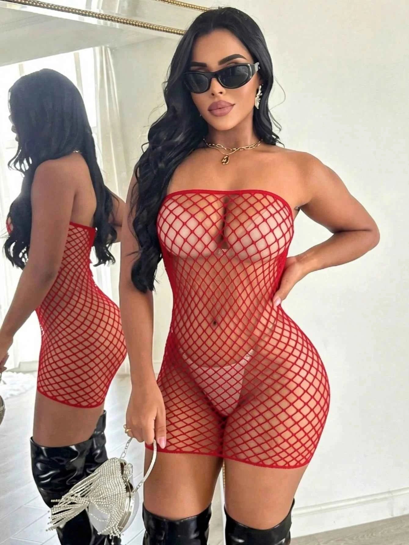 Hollow Mesh Fishnet Bodycon Tube Dress - Red
