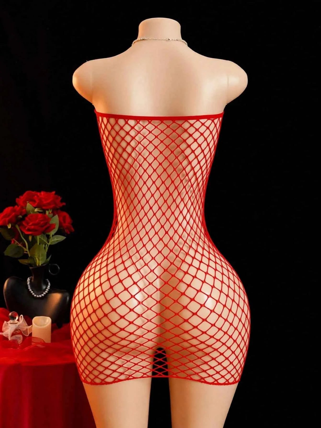 Hollow Mesh Fishnet Bodycon Tube Dress - Red