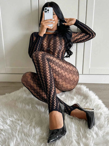 Hollow Out Sheer Tight Bodysuit