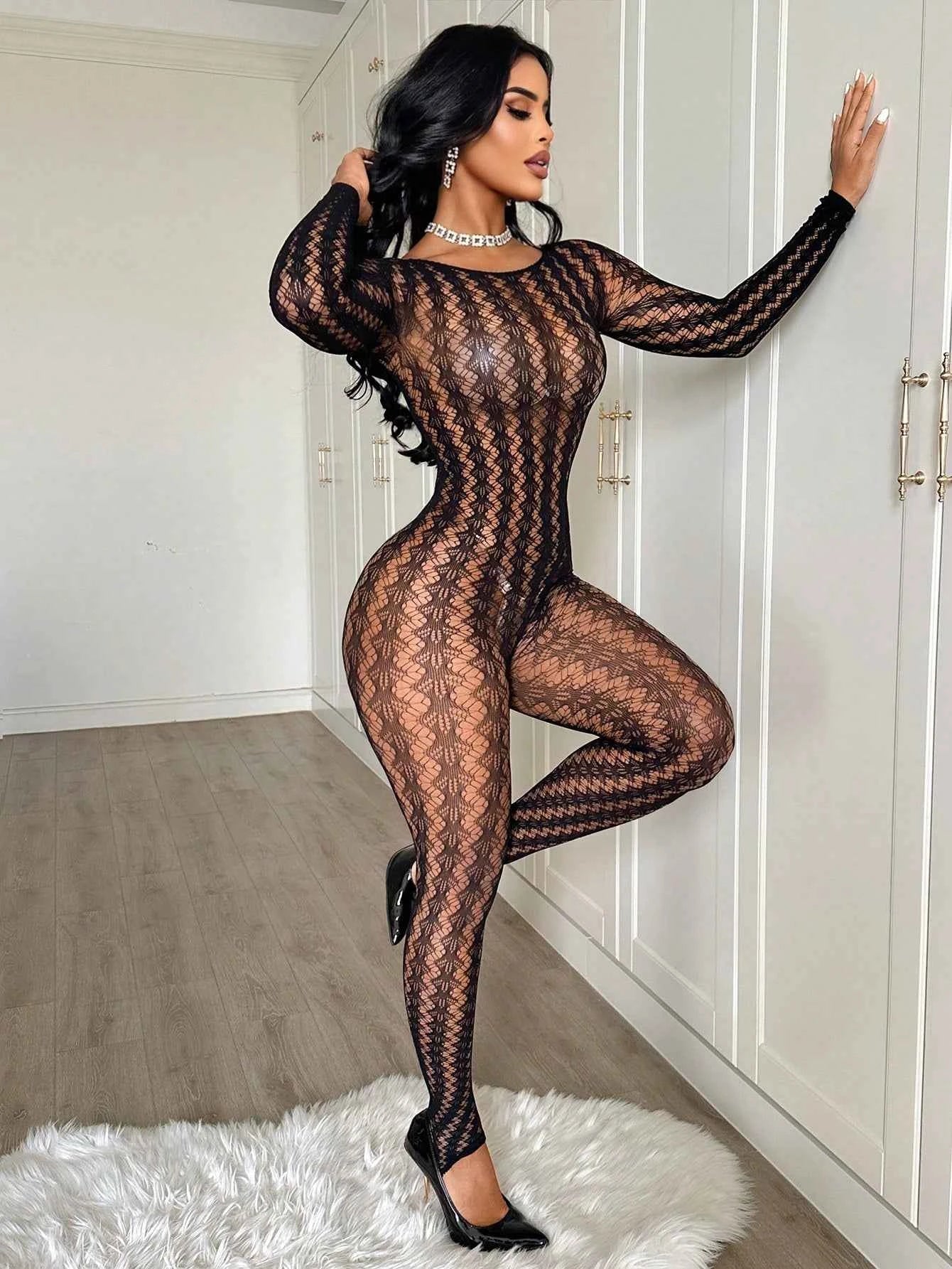 Hollow Out Sheer Tight Bodysuit