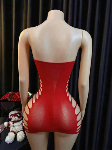 Fishnet Lace Babydoll Bodysuit - Red