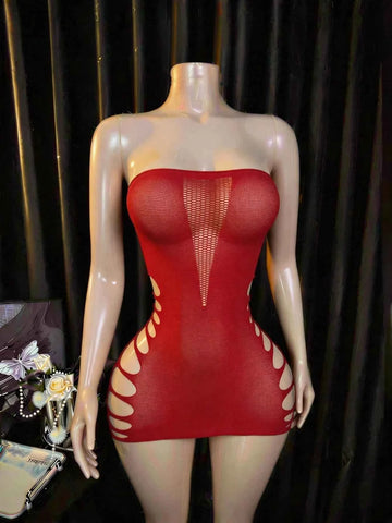 Fishnet Lace Babydoll Bodysuit - Red