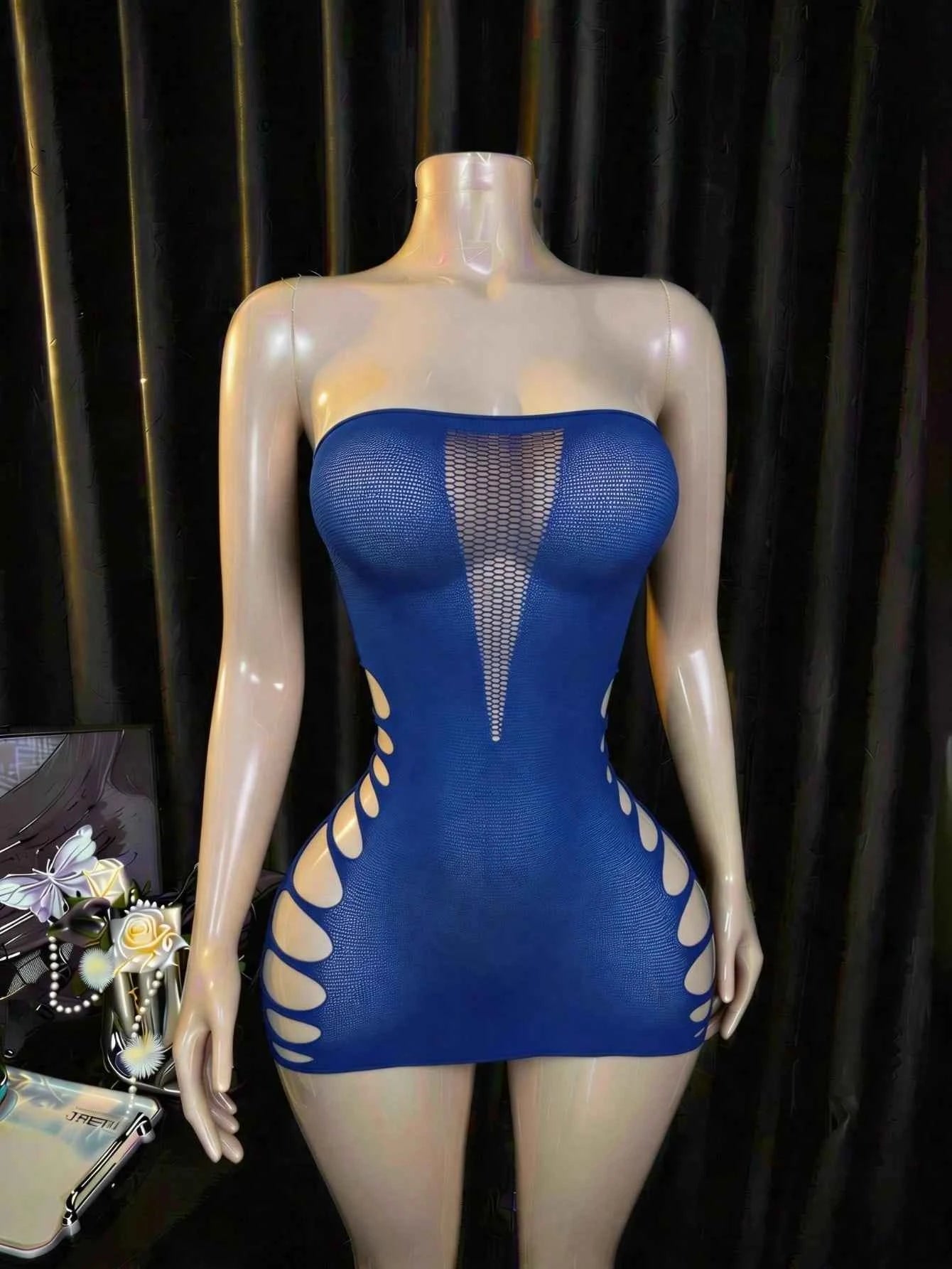 Fishnet Lace Babydoll Bodysuit - Blue