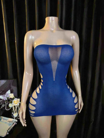 Fishnet Lace Babydoll Bodysuit - Blue