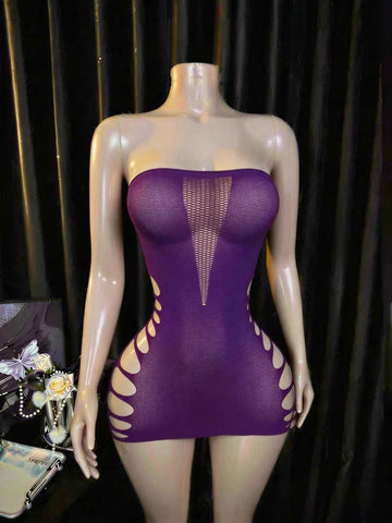 Fishnet Lace Babydoll Bodysuit - Purple