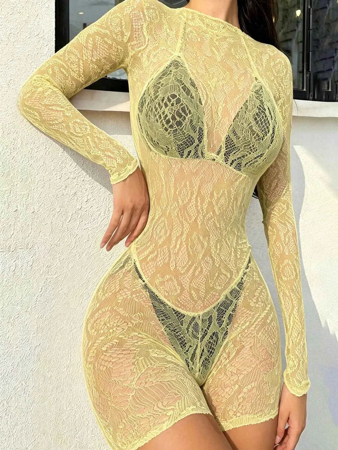 One-Piece Mesh Jumpsuit - Yellow