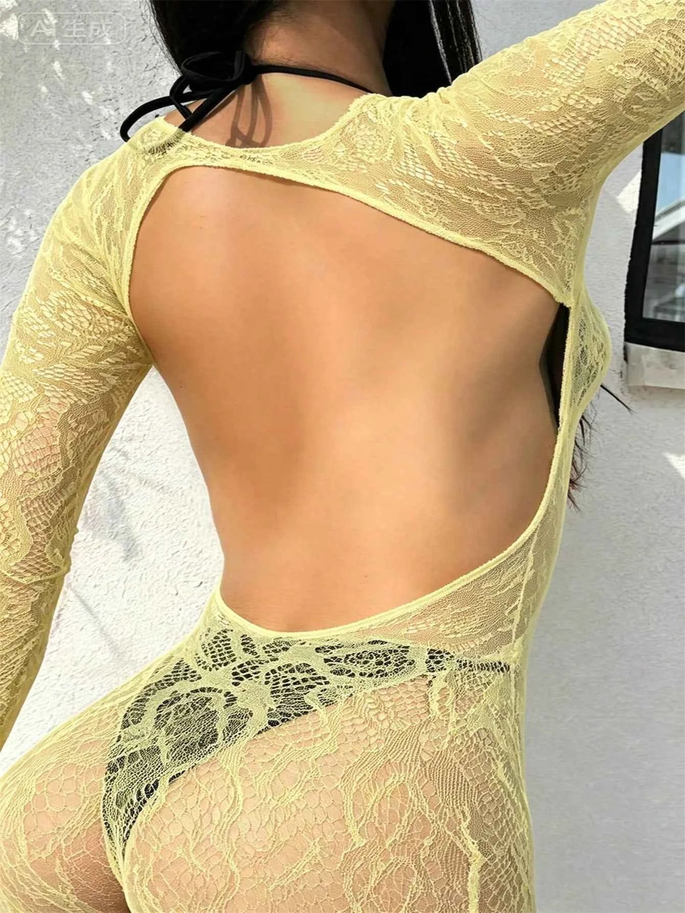One-Piece Mesh Jumpsuit - Yellow
