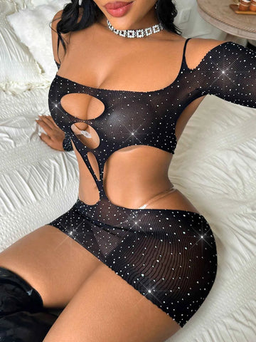 Rhinestone Mesh Hollow Waist Camisole Dress