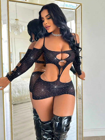 Rhinestone Mesh Hollow Waist Camisole Dress