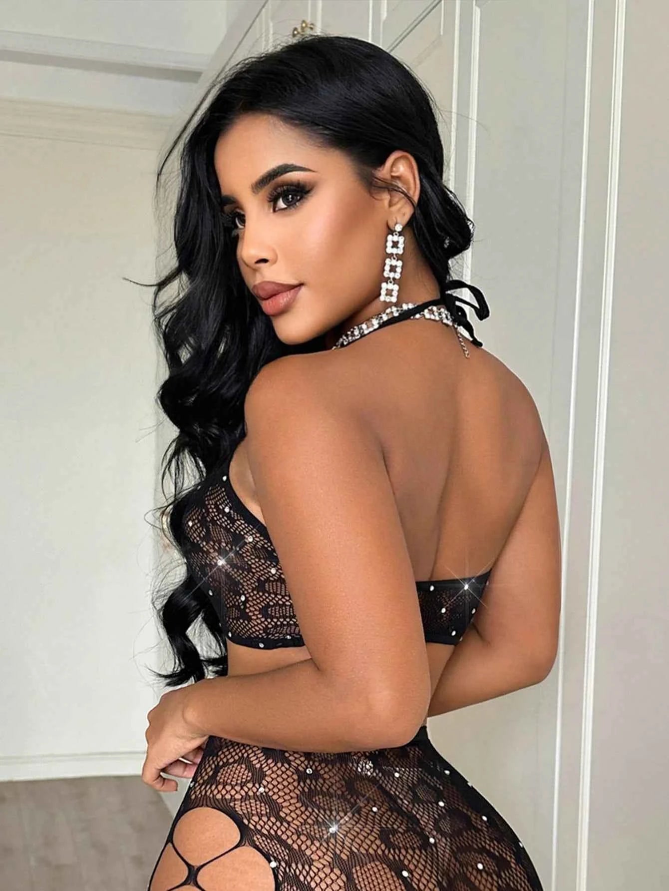 Rhinestone Lace Mesh Halter Top Shorts Set