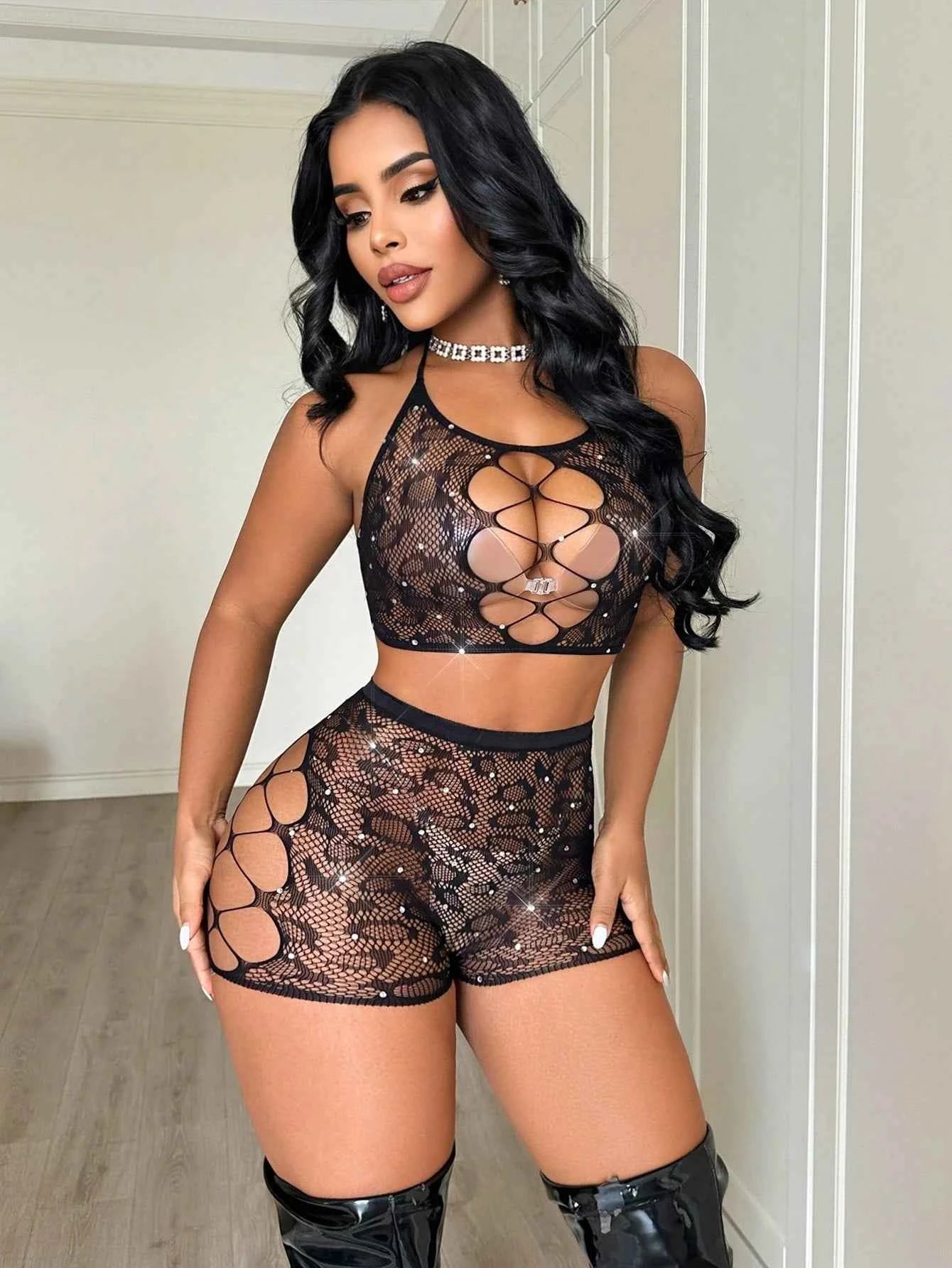 Rhinestone Lace Mesh Halter Top Shorts Set