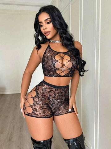 Rhinestone Lace Mesh Halter Top Shorts Set