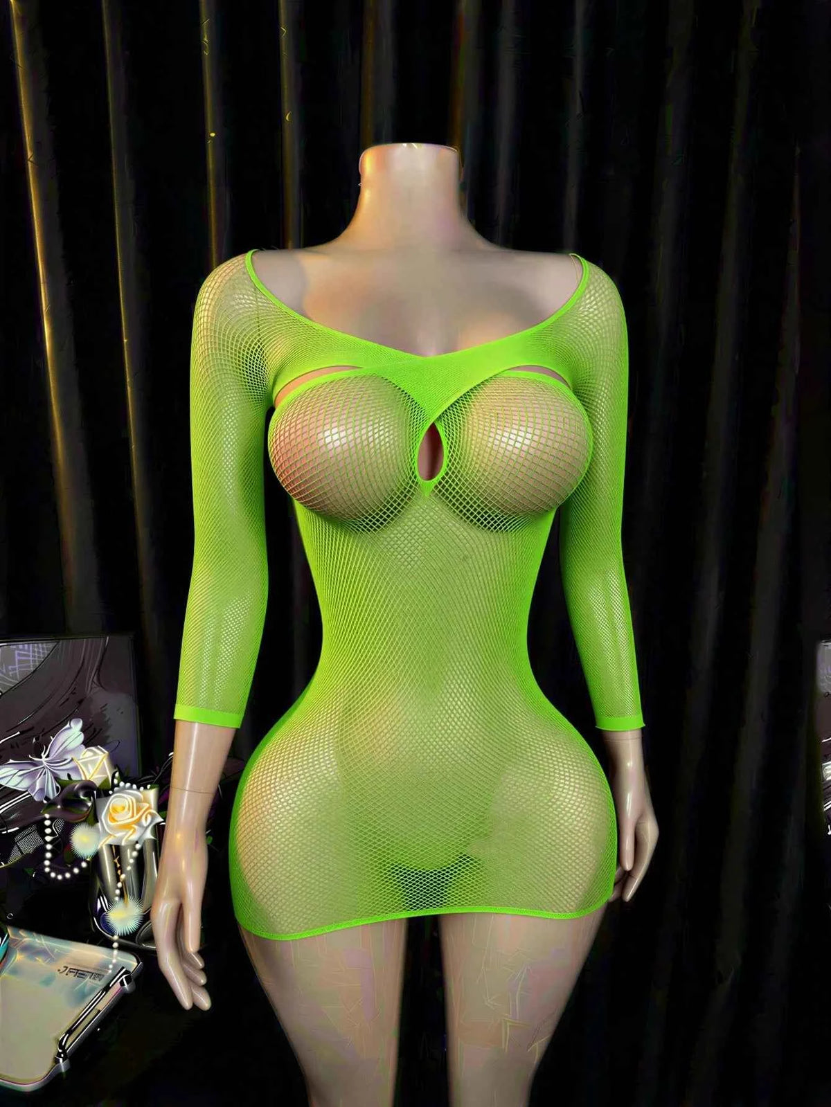 Mesh Hollow-Out Beach Cover-Up Dress - Green