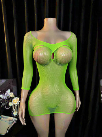 Mesh Hollow-Out Beach Cover-Up Dress - Green