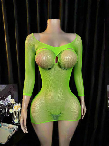 Mesh Hollow-Out Beach Cover-Up Dress - Green