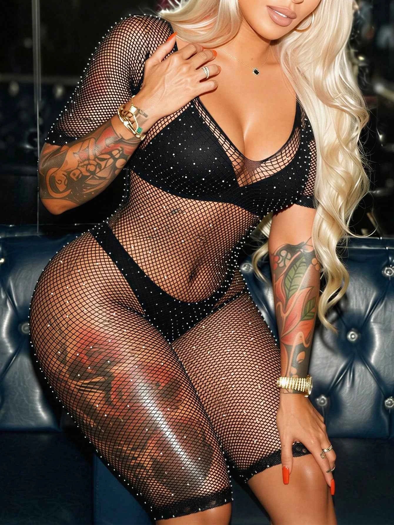 Rhinestone Mesh Romper Shorts