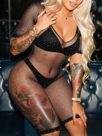 Rhinestone Mesh Romper Shorts