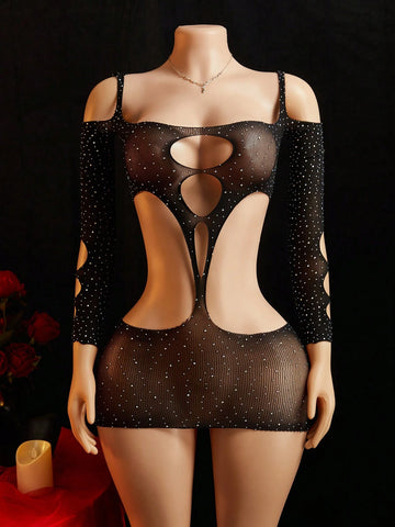 Rhinestone Mesh Hollow Waist Camisole Dress
