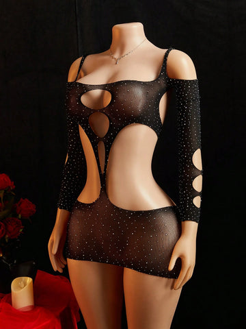 Rhinestone Mesh Hollow Waist Camisole Dress