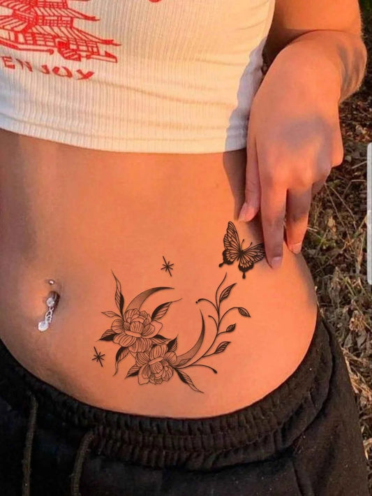 Crescent Moon Butterfly Floral Tattoo Sticker