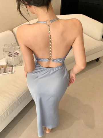 Halter Chain Back Cutout Fitted Long Nightie - TFI Lingerie Pakistan