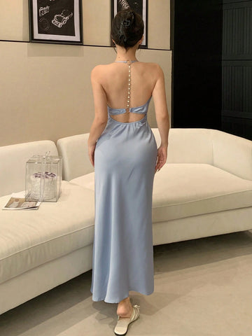 Halter Chain Back Cutout Fitted Long Nightie - TFI Lingerie Pakistan - Image 4