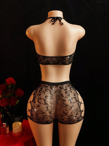 Rhinestone Lace Mesh Halter Top Shorts Set