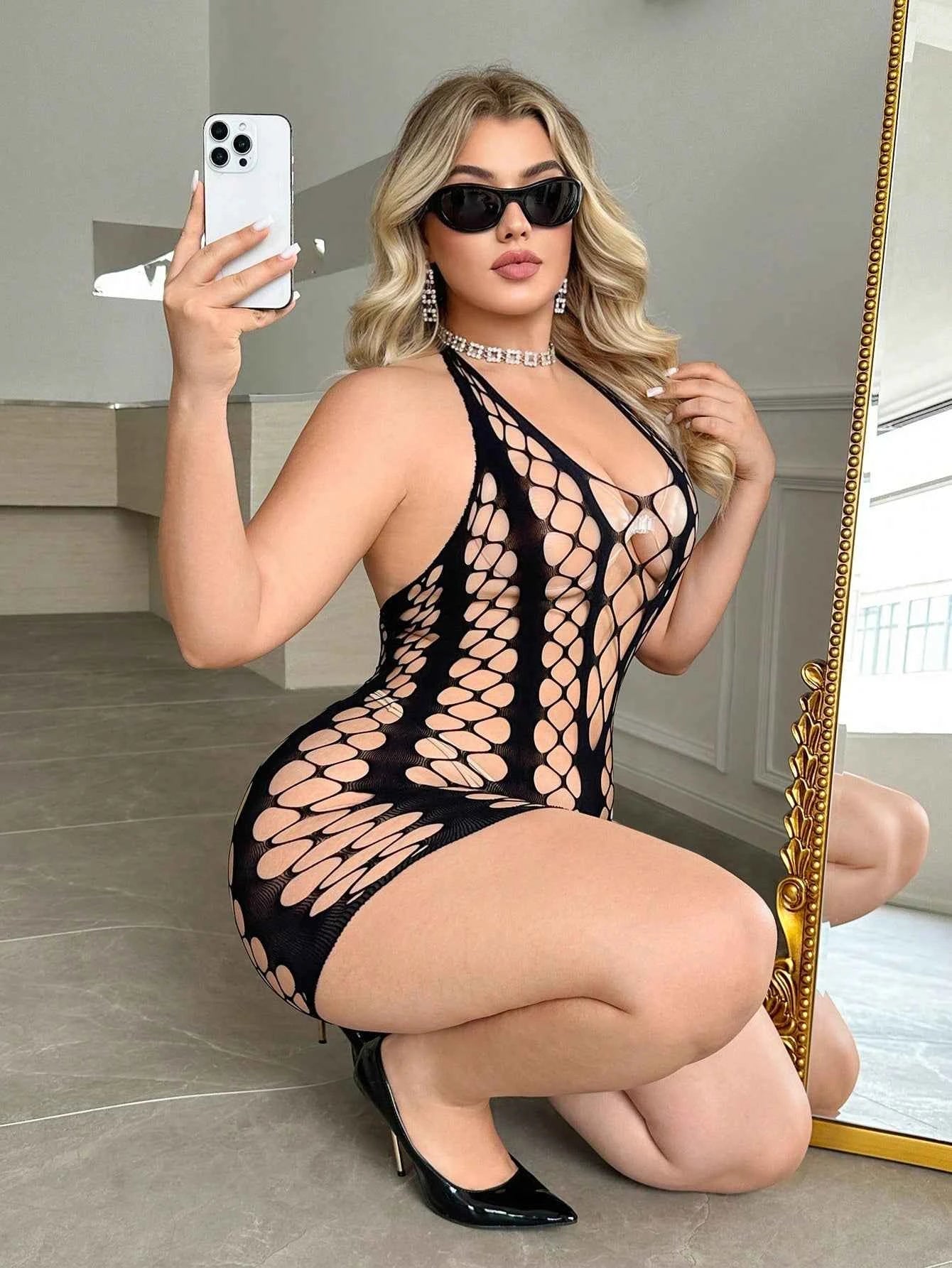 Plus Size Fishnet Halter Neck Cutout Romper