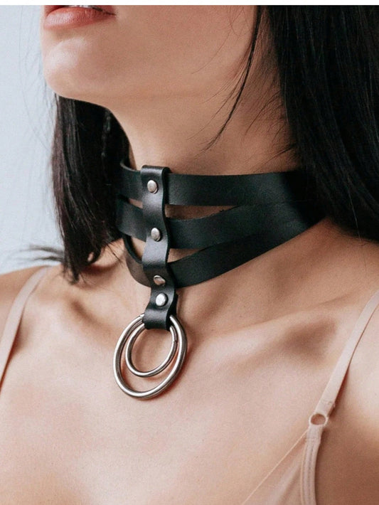 Layered Leather Choker O-Ring Collar Necklace