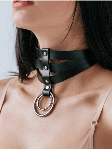 Layered Leather Choker O-Ring Collar Necklace