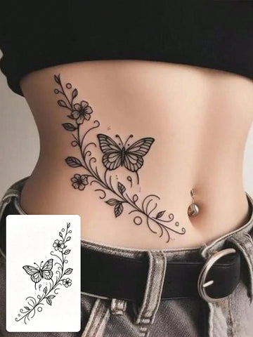 Minimal Flower Butterfly Waist Tattoo Sticker