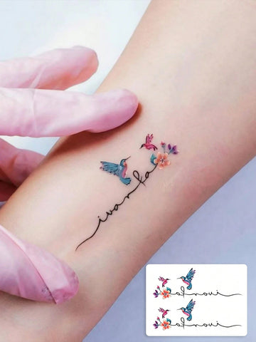 Watercolor Hummingbird Floral Tattoo Sticker