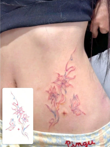 Pink Blue Floral Butterfly Waist Tattoo Sticker