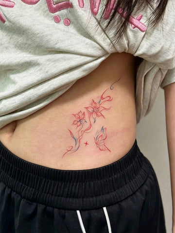 Pink Blue Floral Butterfly Waist Tattoo Sticker