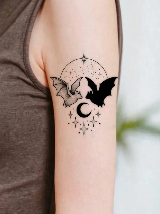 Gothic Bat Crescent Moon Tattoo Sticker