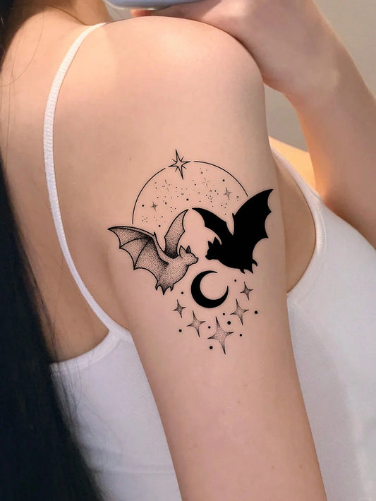Gothic Bat Crescent Moon Tattoo Sticker