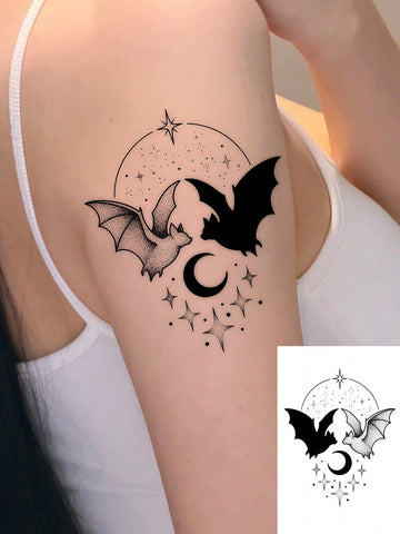 Gothic Bat Crescent Moon Tattoo Sticker