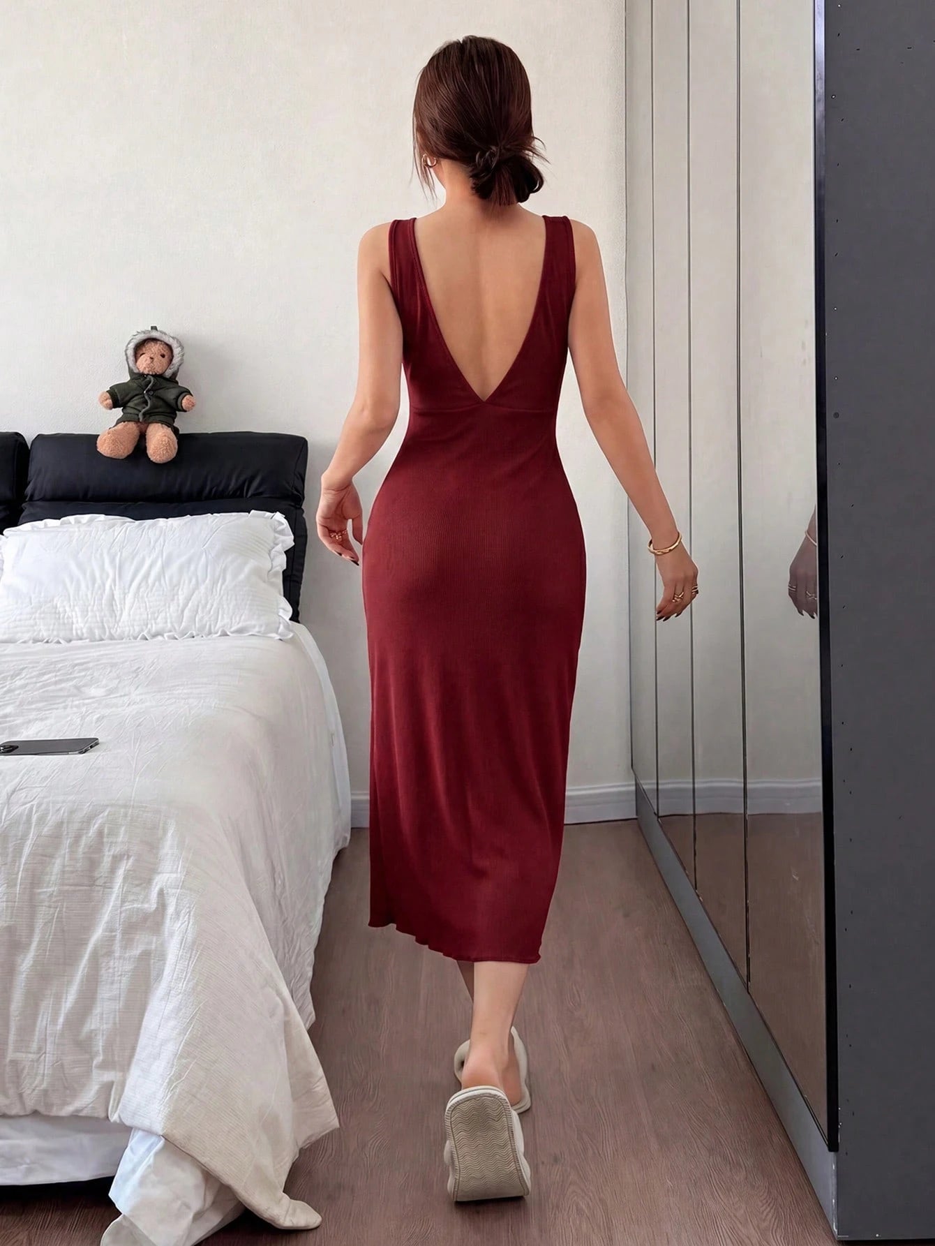 Lace Trim Deep V-Neck Backless Long Nightie - TFI Lingerie Pakistan - Image 2