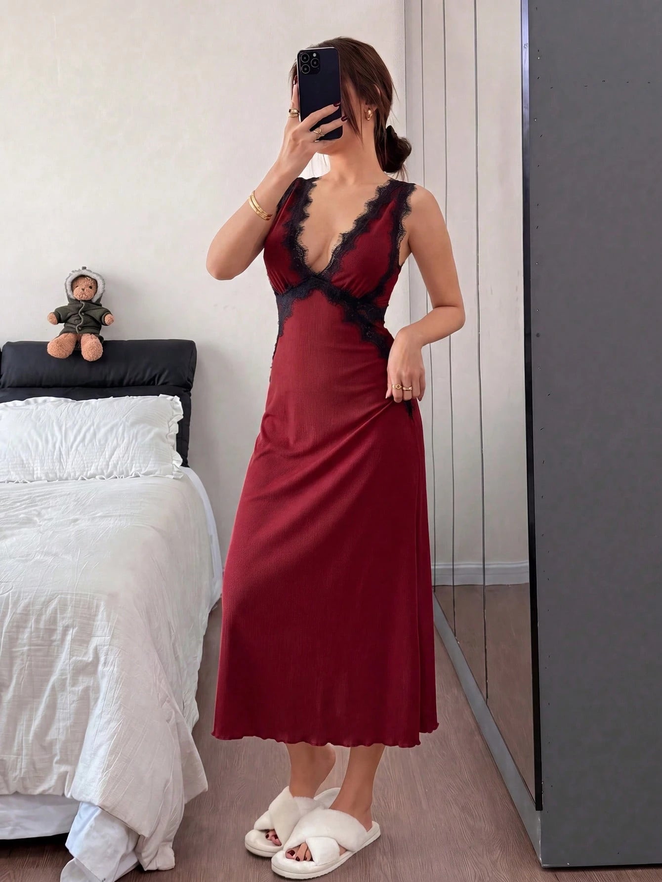 Lace Trim Deep V-Neck Backless Long Nightie - TFI Lingerie Pakistan - Image 6