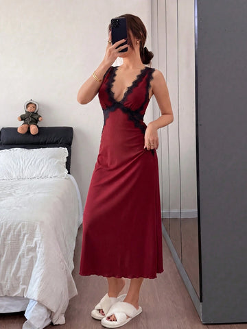 Lace Trim Deep V-Neck Backless Long Nightie - TFI Lingerie Pakistan - Image 6