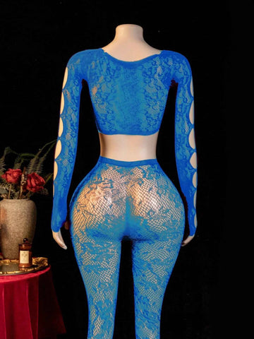 Cropped Cutout Top Tight Leggings Set - Blue