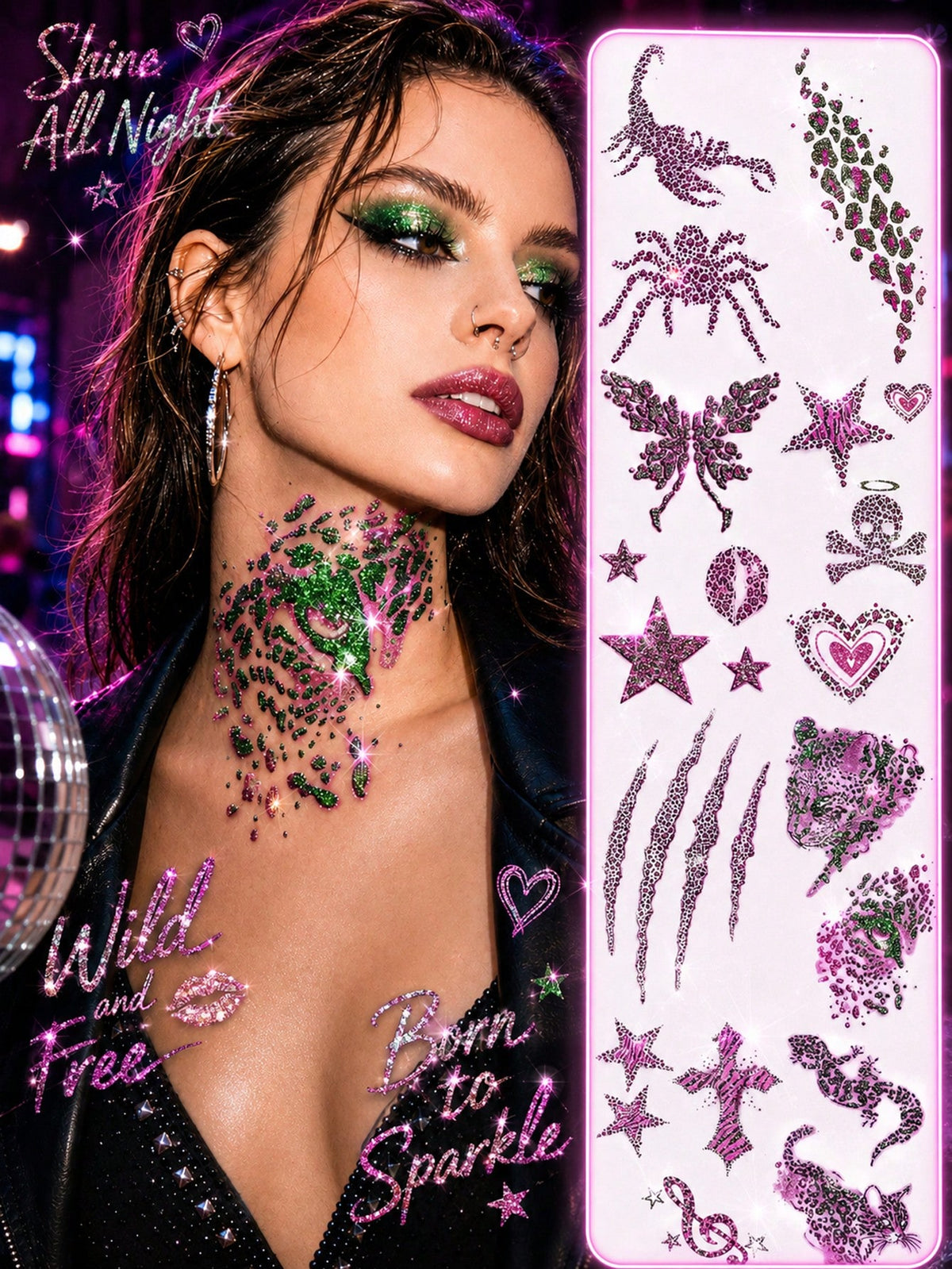 Glitter Spider Skull Leopard Star Tattoo Set