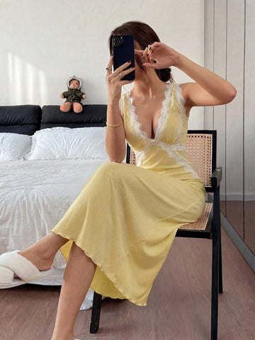 Lace Trim V-Neck Backless Long Nightie V - TFI Lingerie Pakistan