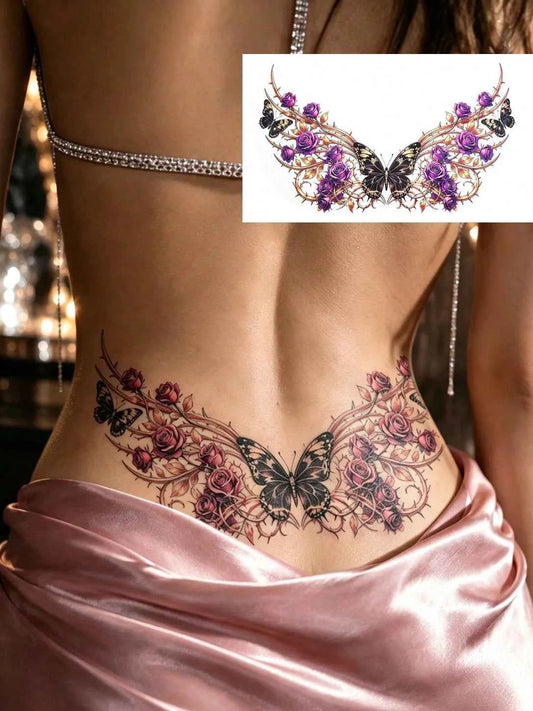 Colorful Floral Butterfly Lower Back Tattoo Set II