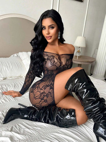 Fishnet Lace Off-Shoulder Nightgown